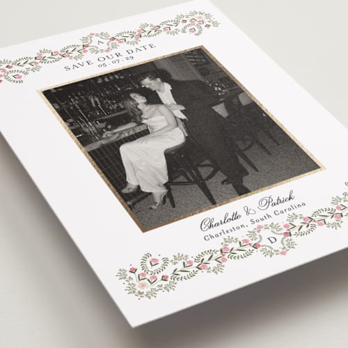 This is a peony foil stamped save the date cards with foil pressed by Susan Moyal called embrace printing on recycled smooth signature in standard