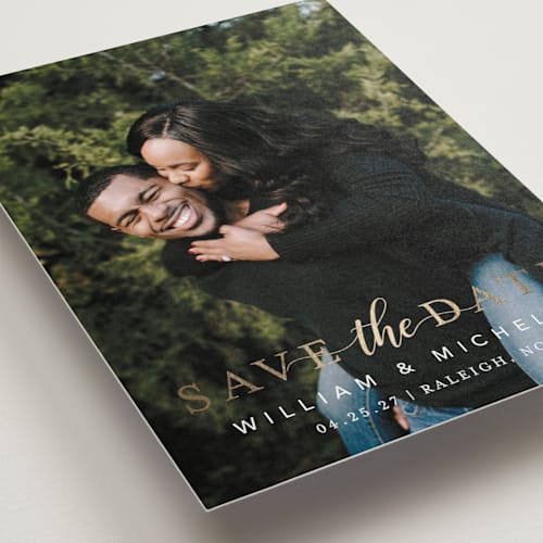 This is a charcoal foil stamped save the date cards with foil pressed by MC Designs called convey our love printing on recycled smooth signature in standard