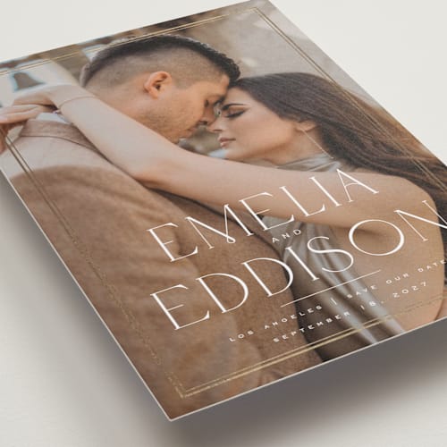 This is a cotton foil stamped save the date cards with foil pressed by Wildfield Paper Co called highline printing on recycled smooth signature in standard