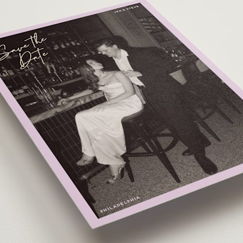 This is a lilac foil stamped save the date cards with foil pressed by Inkblot Design called corners printing on recycled smooth signature in standard