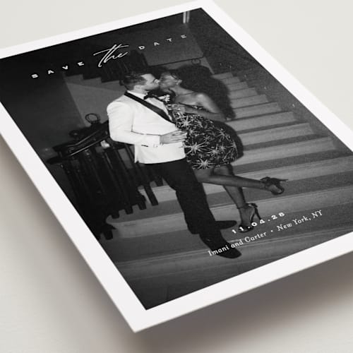 This is a diamond foil stamped save the date cards with foil pressed by Eric Clegg called casual elegance printing on recycled smooth signature in standard