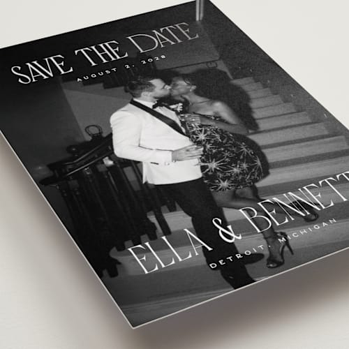 This is a snow foil stamped save the date cards with foil pressed by Pixel and Hank called gaze printing on recycled smooth signature in standard