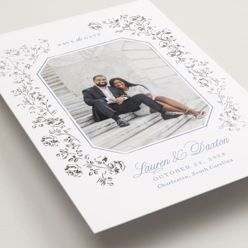 This is a sky foil stamped save the date cards with foil pressed by Robert and Stella called framed florals printing on recycled smooth signature in standard