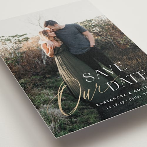 This is a pearl foil stamped save the date cards with foil pressed by Jennifer Postorino called poetic printing on recycled smooth signature in standard