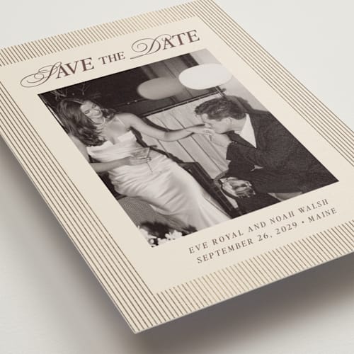 This is a maroon foil stamped save the date cards with foil pressed by Pati Cascino called sienna printing on recycled smooth signature in standard