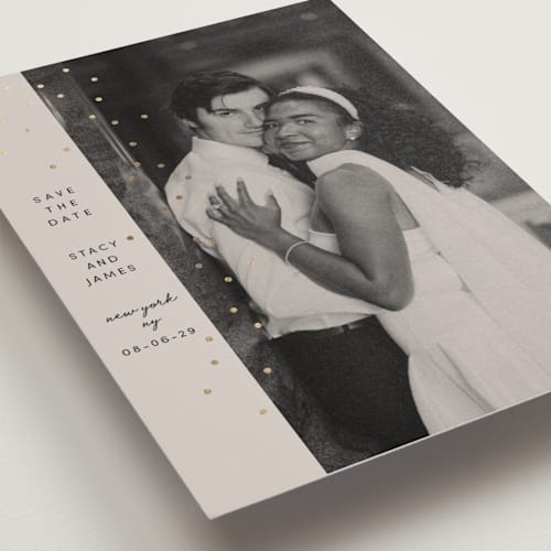 This is a ecru foil stamped save the date cards with foil pressed by Dana Duricekova called minimal sparkle printing on recycled smooth signature in standard