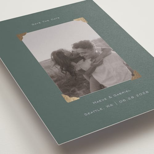 This is a moss foil stamped save the date cards with foil pressed by Jenny Millington called scrapbook frame printing on recycled smooth signature in standard