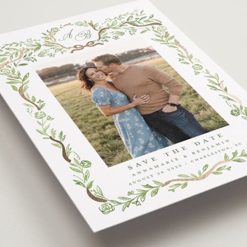 This is a garden foil stamped save the date cards with foil pressed by Petra Kern called paperie printing on recycled smooth signature in standard