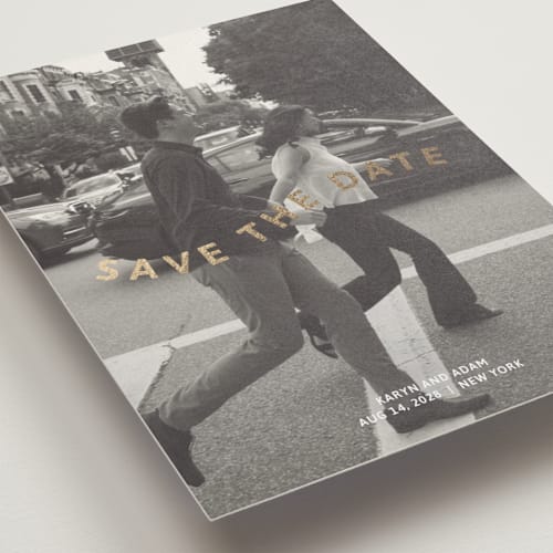 This is a nude foil stamped save the date cards with foil pressed by Inkblot Design called wavy printing on recycled smooth signature in standard