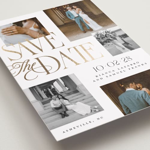 This is a paperwhite foil stamped save the date cards with foil pressed by Laura Hankins called layered printing on recycled smooth signature in standard