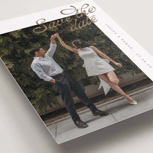This is a pearl foil stamped save the date cards with foil pressed by Chryssi Tsoupanarias called swirling printing on recycled smooth signature in standard