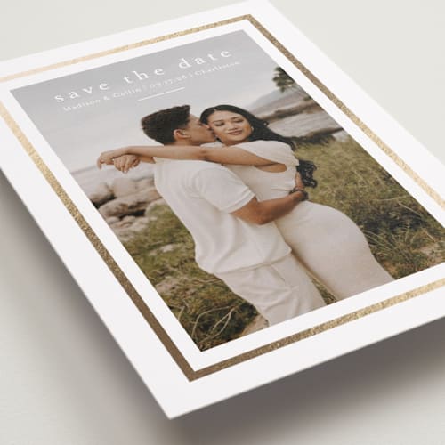 This is a spun sugar foil stamped save the date cards with foil pressed by Jessica Williams called dulcet printing on recycled smooth signature in standard