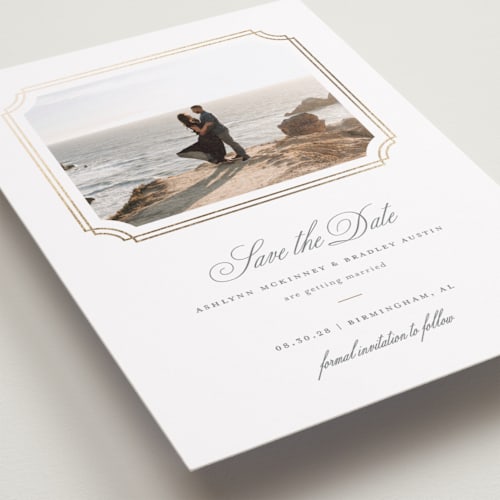 This is a pearl foil stamped save the date cards with foil pressed by Sarah Brown called formality printing on recycled smooth signature in standard