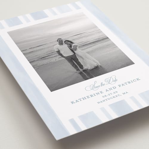 This is a ocean save the date with standard by Creo Study called coastal crest printing on recycled smooth signature in standard