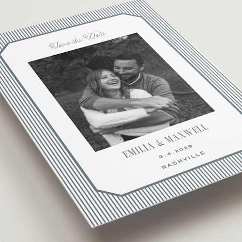 This is a capri save the date with standard by Emily Betts called modern stripes printing on recycled smooth signature in standard