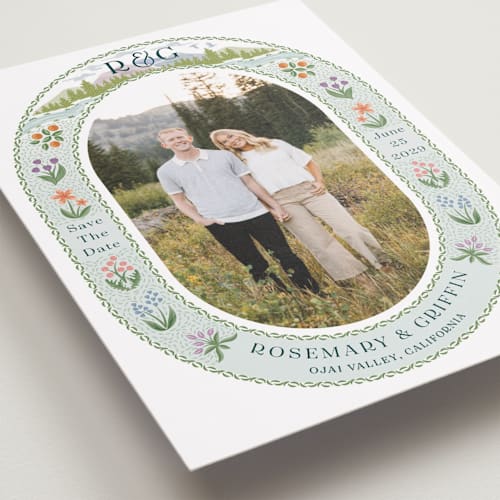 This is a pine save the date with standard by Paper Sun Studio called river valley printing on recycled smooth signature in standard