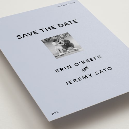 This is a sky save the date with standard by Studio Suku called courthouse printing on recycled smooth signature in standard