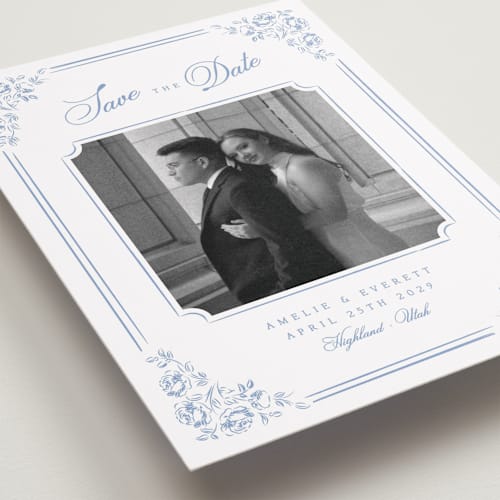 This is a sky save the date with standard by Robert and Stella called constance printing on recycled smooth signature in standard