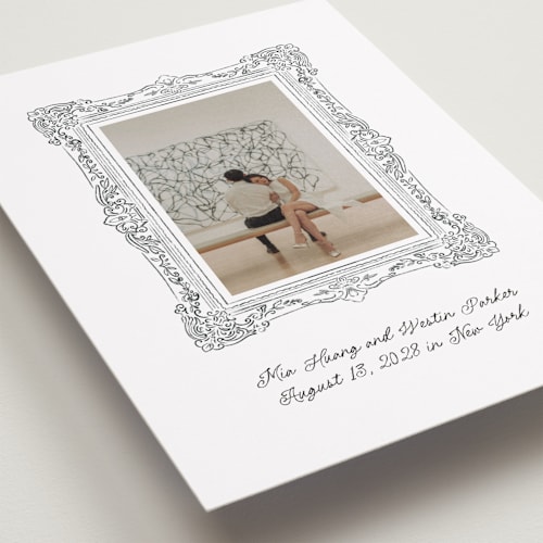 This is a diamond save the date with standard by Jenna Holcomb called sketched frame printing on recycled smooth signature in standard