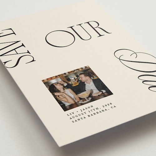 This is a buttercream save the date with standard by Olivia Goree called true romance printing on recycled smooth signature in standard