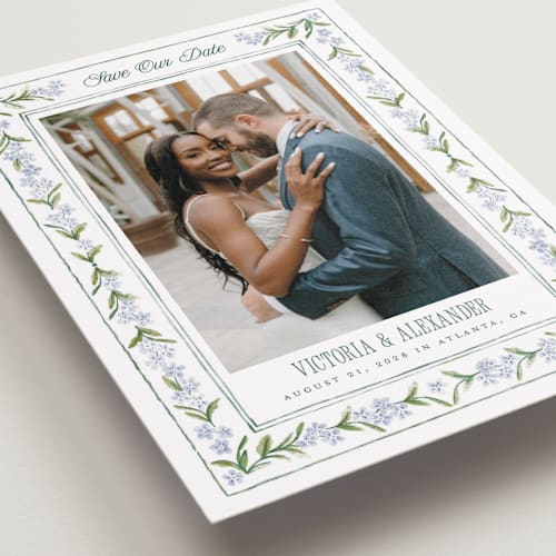 This is a wisteria save the date with standard by Jenna Holcomb called vintage sketched printing on recycled smooth signature in standard