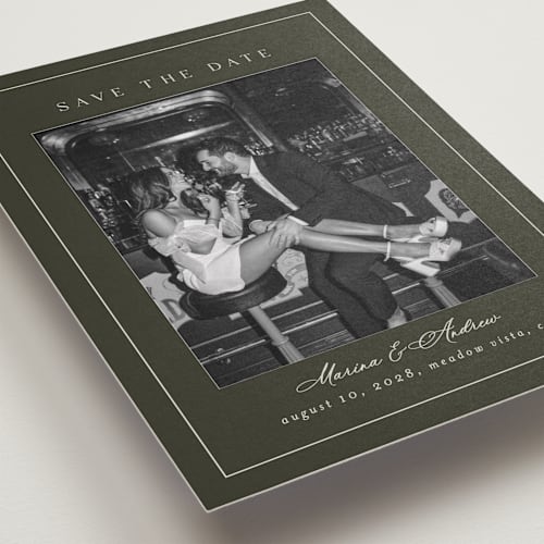 This is a olive save the date with standard by Nicole Walsh called refined printing on recycled smooth signature in standard