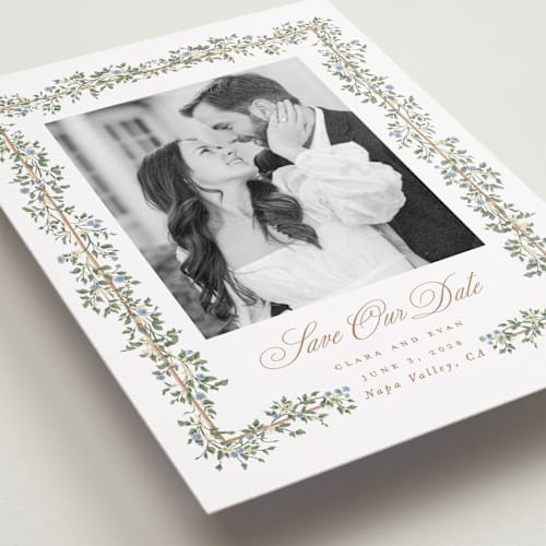 This is a lake save the date with standard by Leah Bisch called arbour printing on recycled smooth signature in standard
