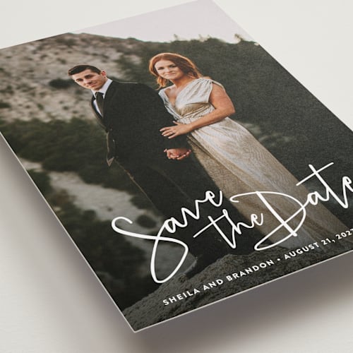 This is a cloud save the date with standard by Hooray Creative called stylish script printing on recycled smooth signature in 5x7