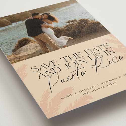 This is a sand save the date with standard by Inkblot Design called destination dream printing on recycled smooth signature in standard