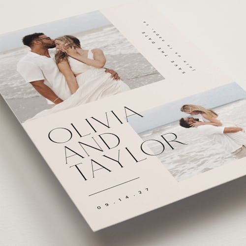 This is a linen save the date with standard by Kelly Schmidt called overlapping printing on recycled smooth signature in standard