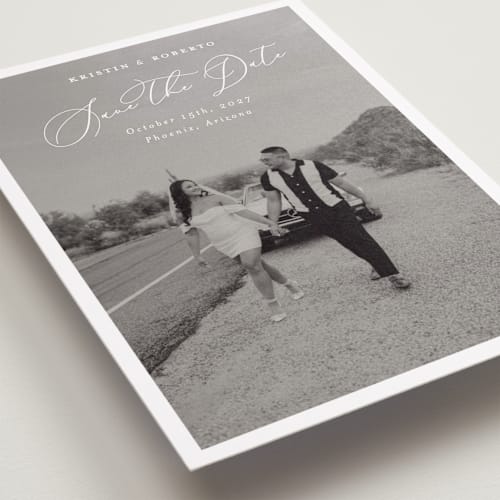 This is a bianco save the date with standard by Pati Cascino called toulon printing on recycled smooth signature in standard