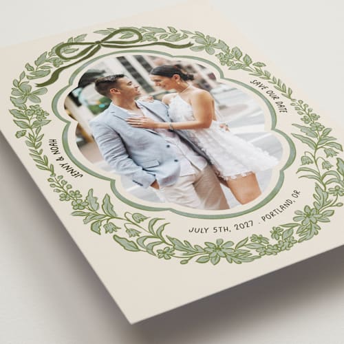 This is a olive save the date with standard by Elly called charm printing on recycled smooth signature in standard