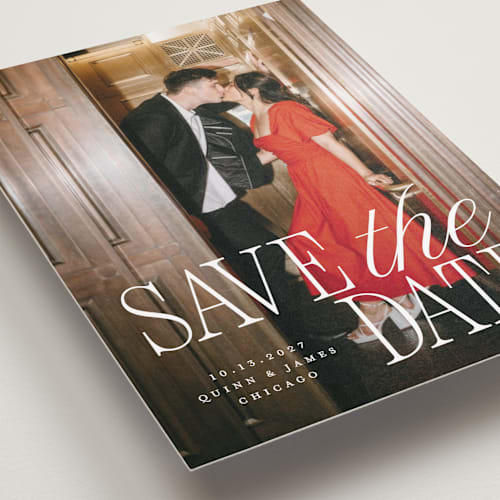 This is a snow save the date with standard by Pixel and Hank called love song printing on recycled smooth signature in standard