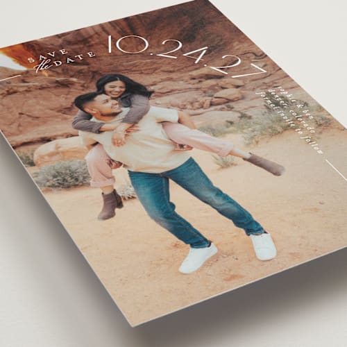 This is a pearl save the date with standard by Brooke Chandler called curved date printing on recycled smooth signature in standard