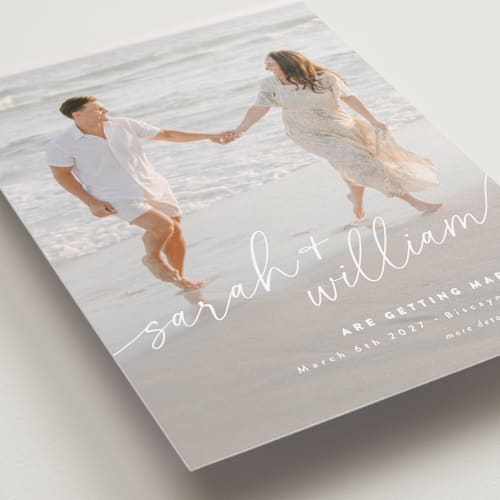 This is a ivory save the date with standard by Jessie Steury called sweet script printing on recycled smooth signature in standard