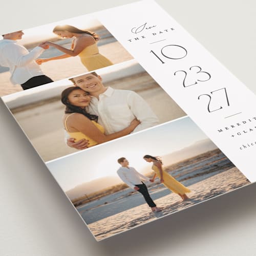 This is a cotton save the date with standard by Carolyn Nicks called elegant trio printing on recycled smooth signature in standard