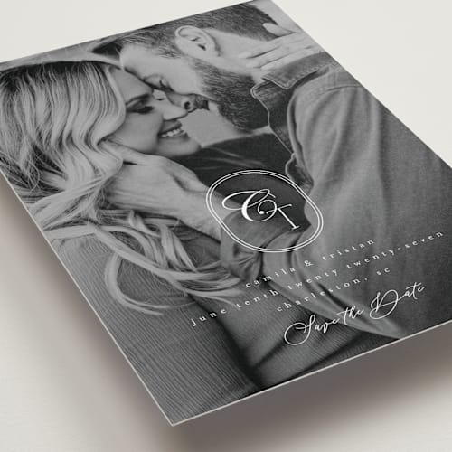 This is a opal save the date with standard by Kristie Kern called gem printing on recycled smooth signature in standard