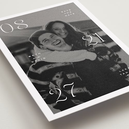 This is a classic save the date with standard by Olivia Kanaley Inman called elements printing on recycled smooth signature in standard