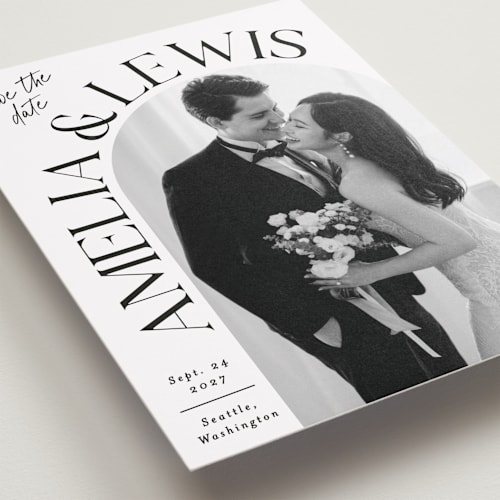 This is a ivory save the date with standard by Alethea and Ruth called side curve printing on recycled smooth signature in standard