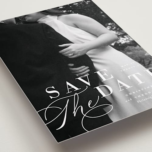 This is a cloud save the date with standard by Ashley Rosenbaum called composition printing on recycled smooth signature in standard