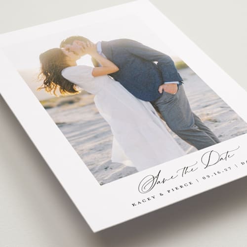 This is a sugar save the date with standard by Jessica Williams called harmonious printing on recycled smooth signature in standard