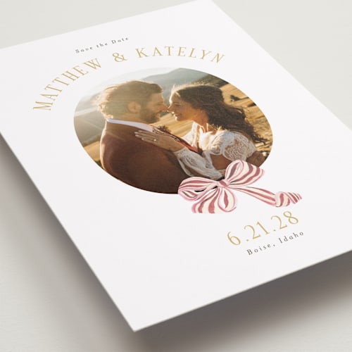This is a rose save the date with standard by Itsy Belle Studio called ruban en fleur printing on recycled smooth signature in standard