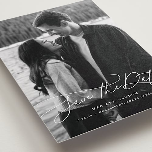 This is a snowfall save the date with standard by Lauren Chism called subtle rise printing on recycled smooth signature in standard