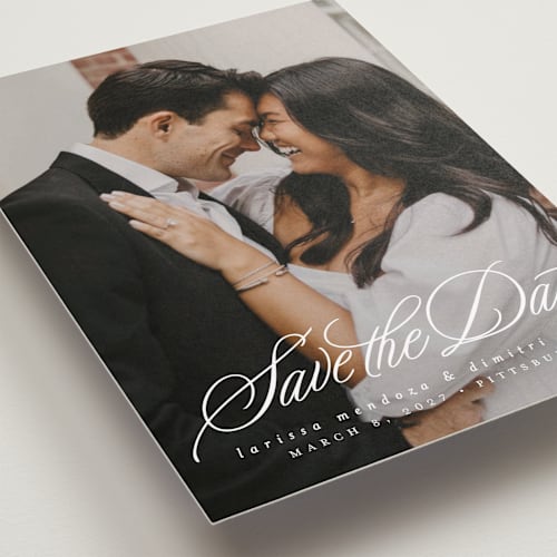 This is a pearl save the date with standard by Lea Delaveris called lovely day printing on recycled smooth signature in standard