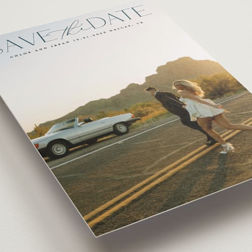 This is a sky save the date with standard by Maja Cunningham called prose printing on recycled smooth signature in standard