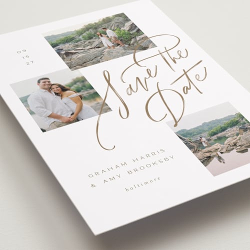 This is a sandstone save the date with standard by Erin L. Wilson called let's escape printing on recycled smooth signature in standard