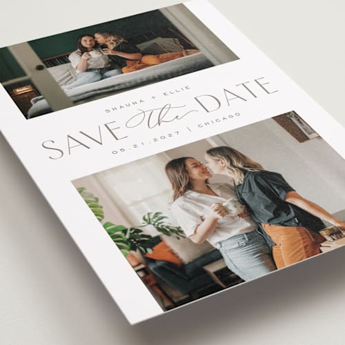 This is a sandstone save the date with standard by Pixel and Hank called duet printing on recycled smooth signature in standard