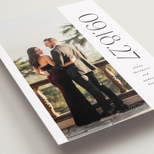 This is a tux save the date with standard by Lea Delaveris called heights printing on recycled smooth signature in standard