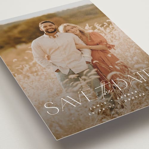 This is a pearl save the date with standard by Jessica Corliss called simple elegance printing on recycled smooth signature in standard