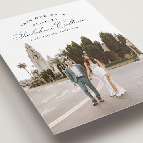 This is a navy save the date with standard by Erica Krystek called arched type printing on recycled smooth signature in standard